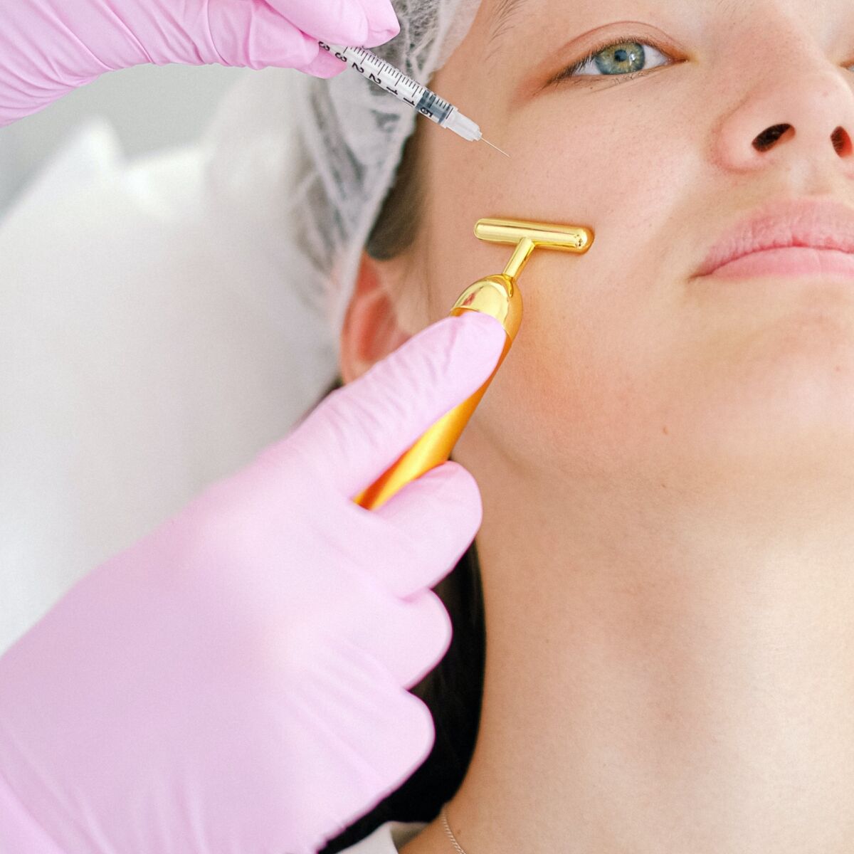 A woman's wrinkles being injected